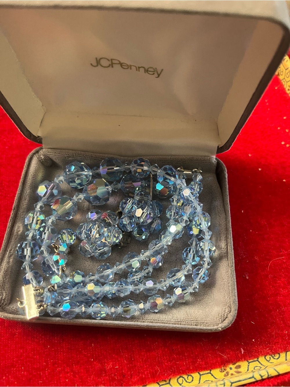 jcpenney Light Blue Aurora Crystal Beaded Necklace vintage with clip on earrings